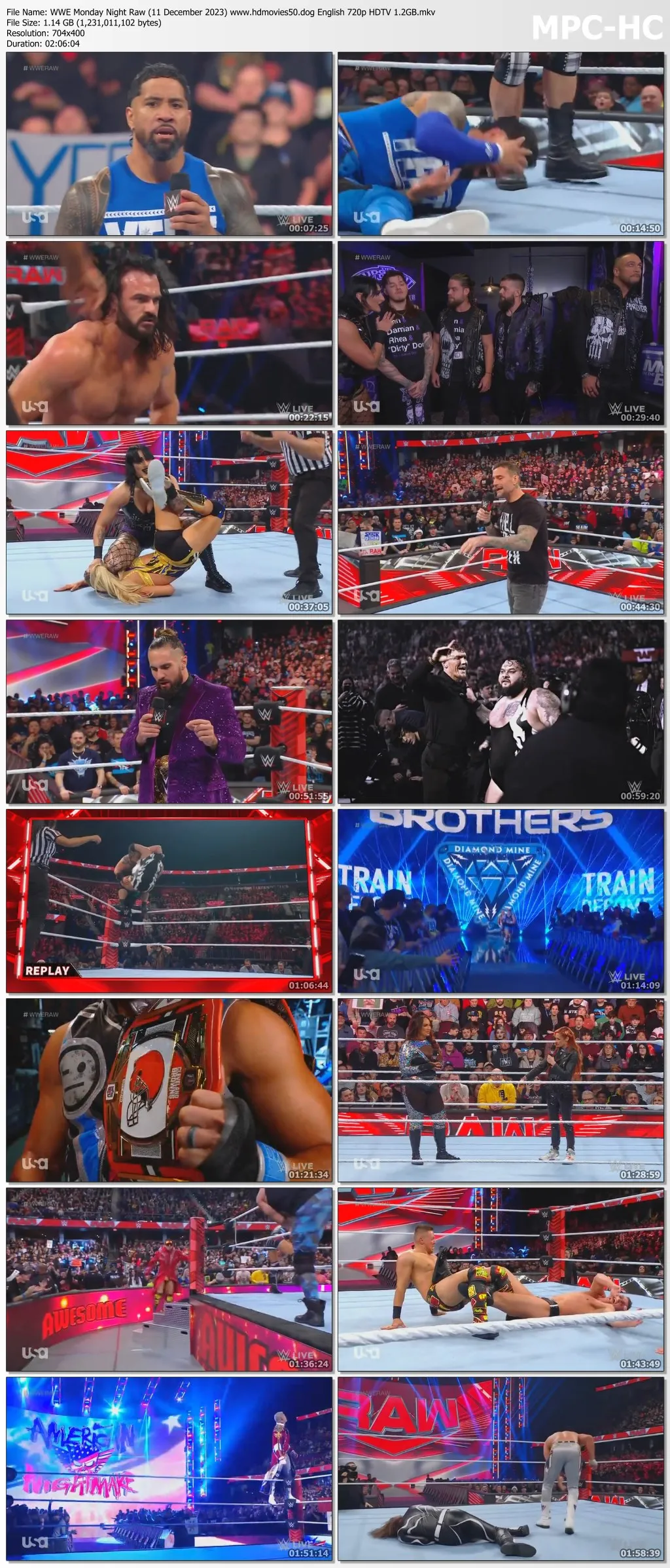 WWE Monday Night Raw (11 December 2023) English 720p HDTV 1.2GB | 500MB Download