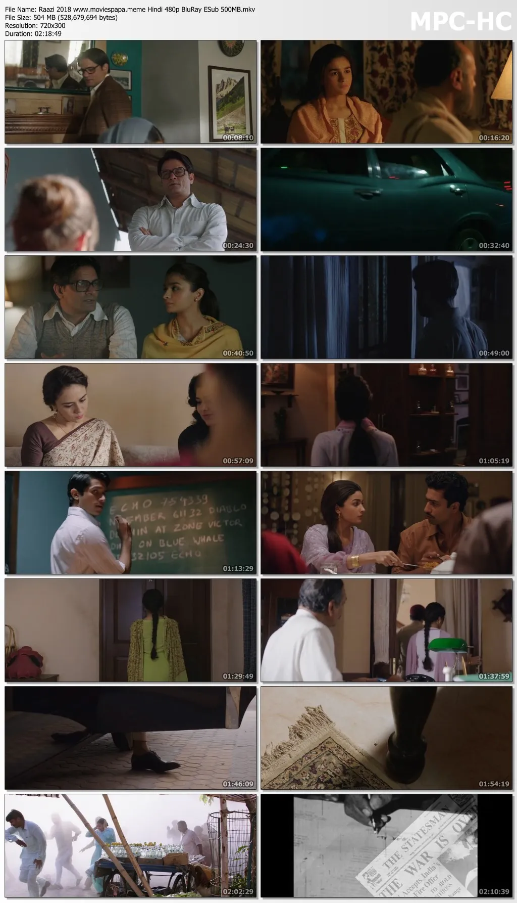 Raazi 2018 Hindi 480p BluRay ESub 500MB Download