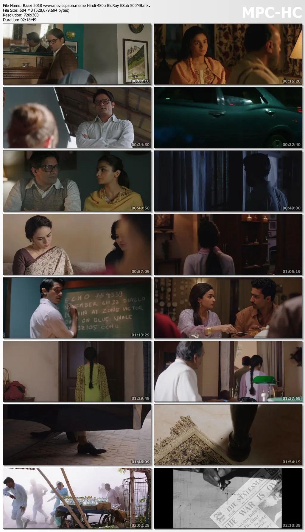 Raazi 2018 Hindi 1080p BluRay ESub 2.3GB Download
